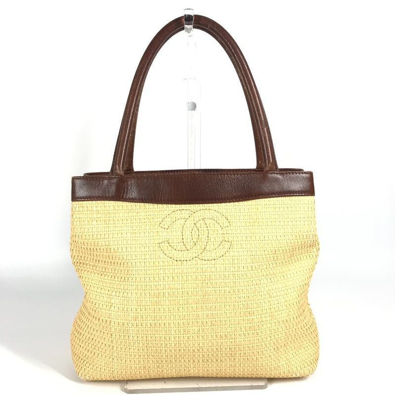 Chanel Shoulder Bag CC Coco Mark Logo Raffia Beige