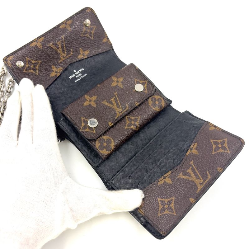 Louis Vuitton Portefeuille Compact Chain Leather X PVC Brown Wallet Silver