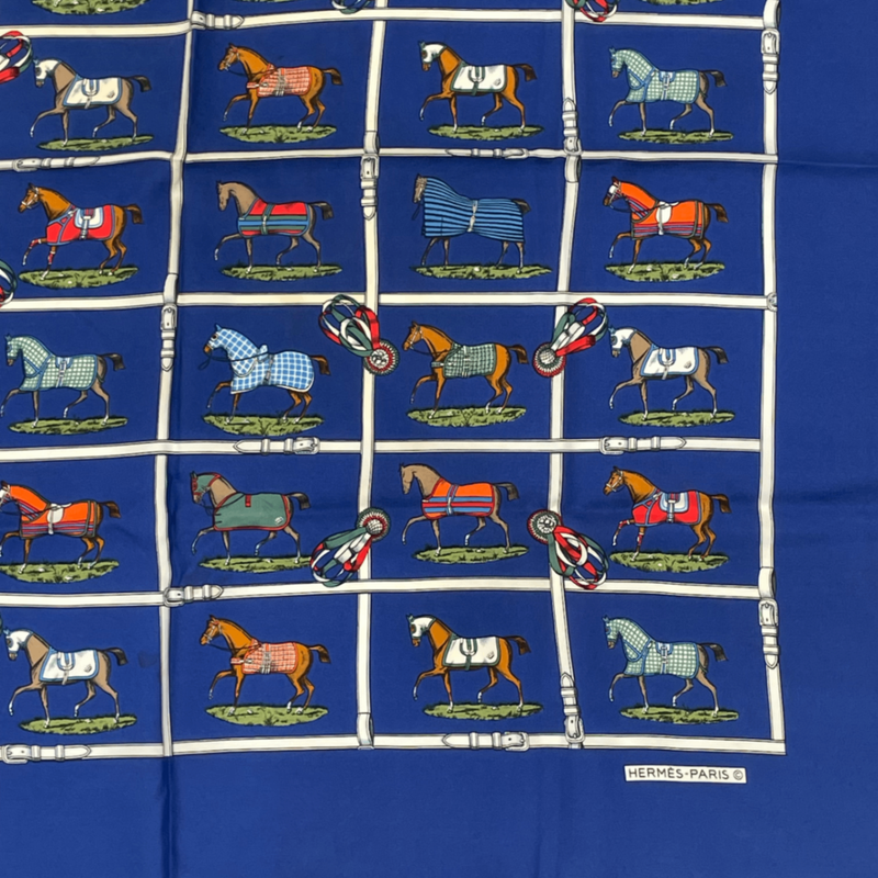 Hermes Silk 48 Horses In Paddock Scarf Blue