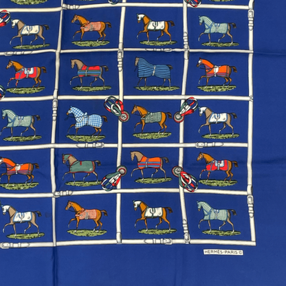 Hermes Silk 48 Horses In Paddock Scarf Blue