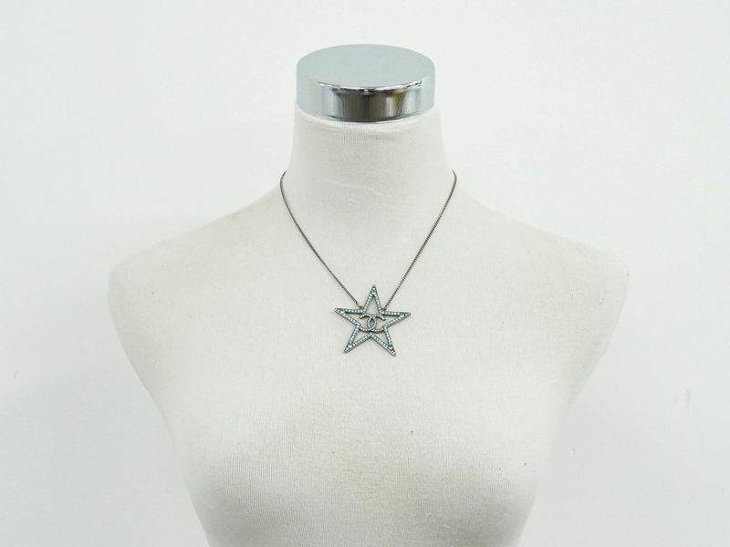 Object Chanel Coco Mark Star Rhinestone Necklace Pendant Metal Silver Hardware