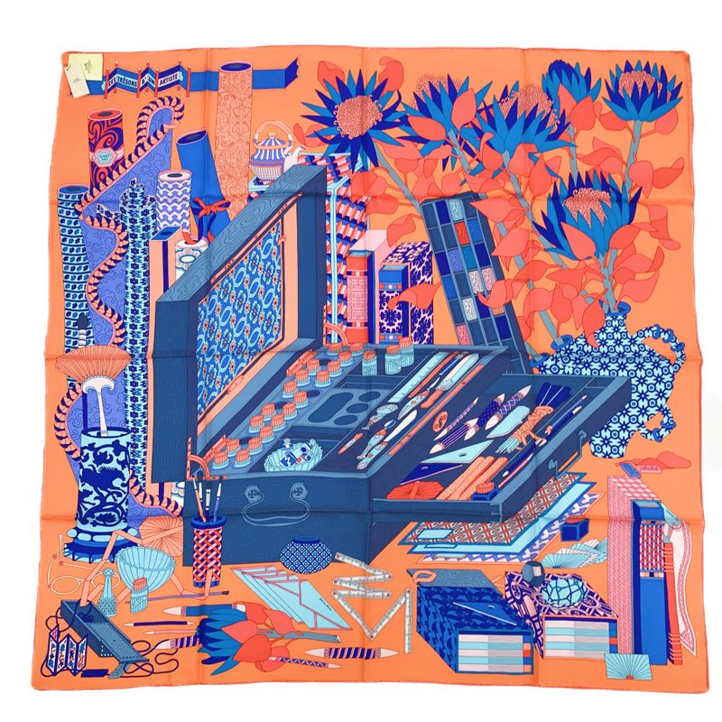 Hermes Carre 90 Les Tresors D'un Artiste A Painter's Treasure Orange And Blue