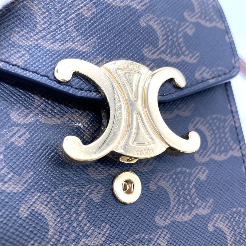 Celine Triomphe Mobile Pouch Pochette Leather Brown Gold Hardware Signature