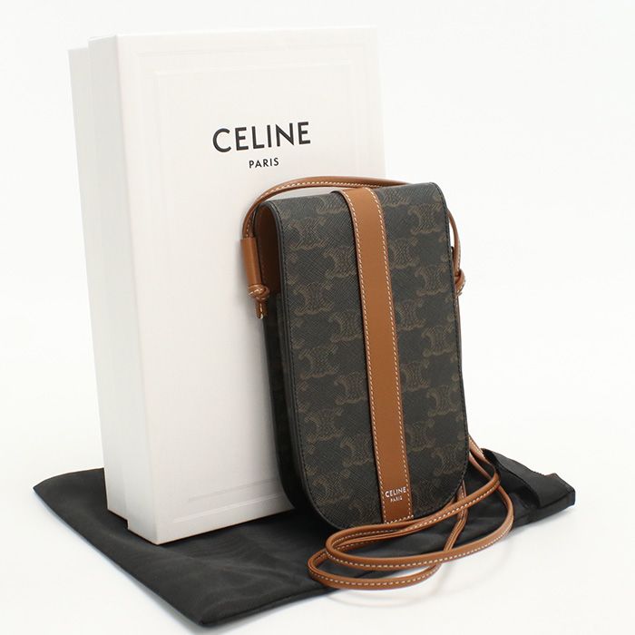 Celine Mobile Pouch Triomphe Canvas Crossbody Shoulder Bag PVC Calf Womens