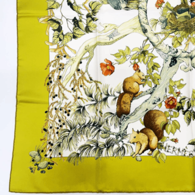 Hermes Carre 90 U Coeur DES BOIS In The Woods Green 100% Silk Scarf