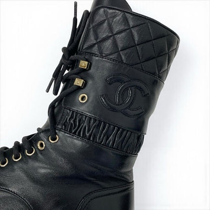Chanel Boots Short Boots Shoes Leather Black Here Mark Matelasse Lace Up Middle