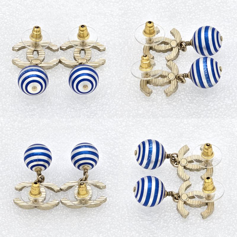 Chanel Coco Mark Earrings Binaural Ball Drop Border Blue/silver Color Gold
