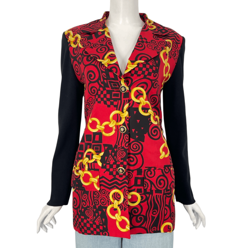Very Rare Celine Jacket Logo Wool Silk With Chain V-neck Size 38 Multicolor