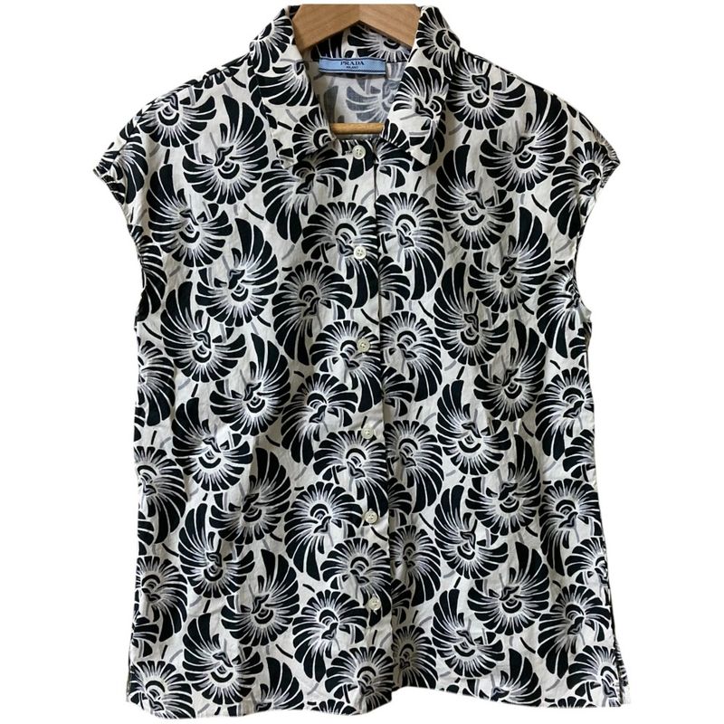 Prada Flower Print Sleeveless Shirt Blouse Size 38 White Black Women's Used