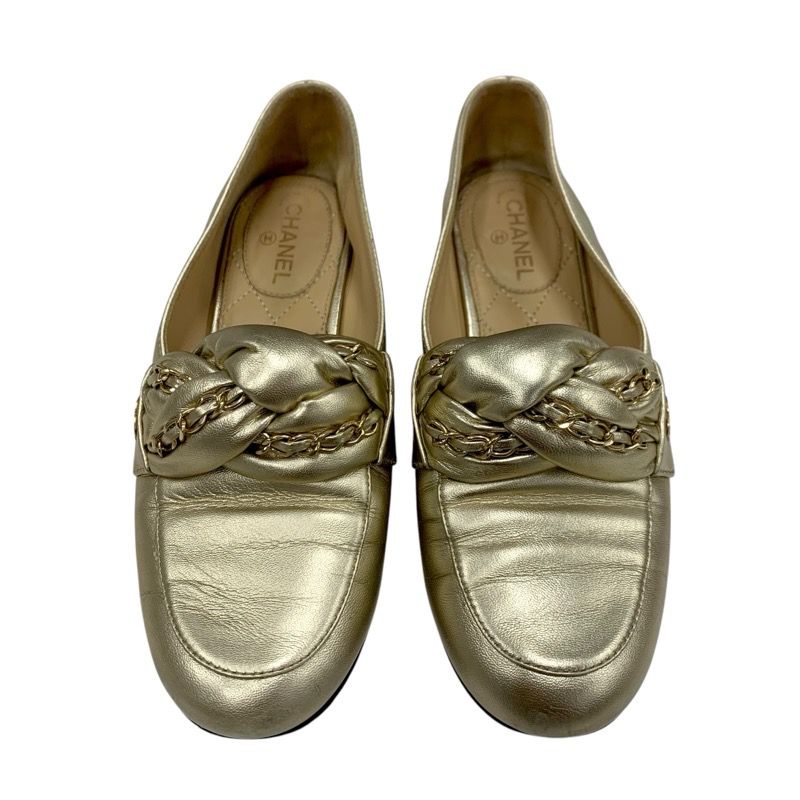 Chanel Loafers Shoes Leather Gold Flat Shoes Here Mark Chain