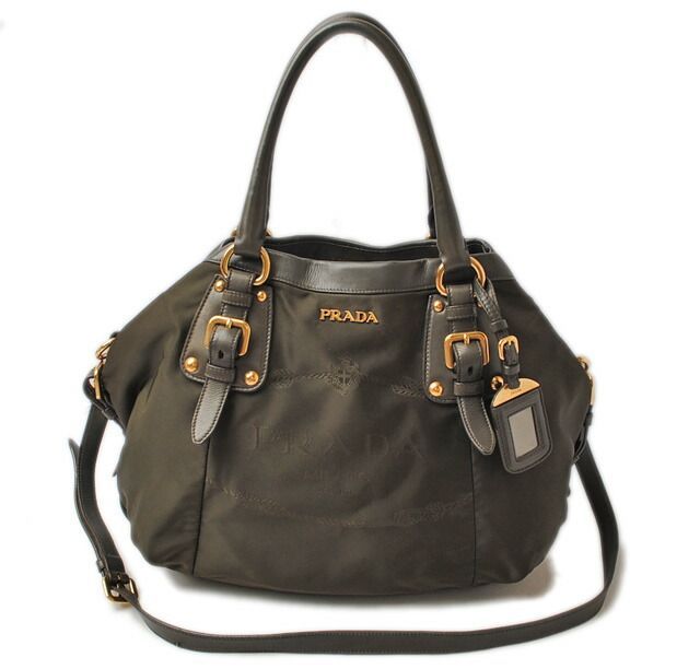 Prada Handbag Shoulder Bag Prada Logo Embroidery Nylon Dark Khaki With Strap