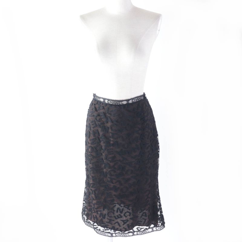 CHANEL Vintage 98A P11845 All Logo Lace Knee Length Tight Skirt Black 38 Made