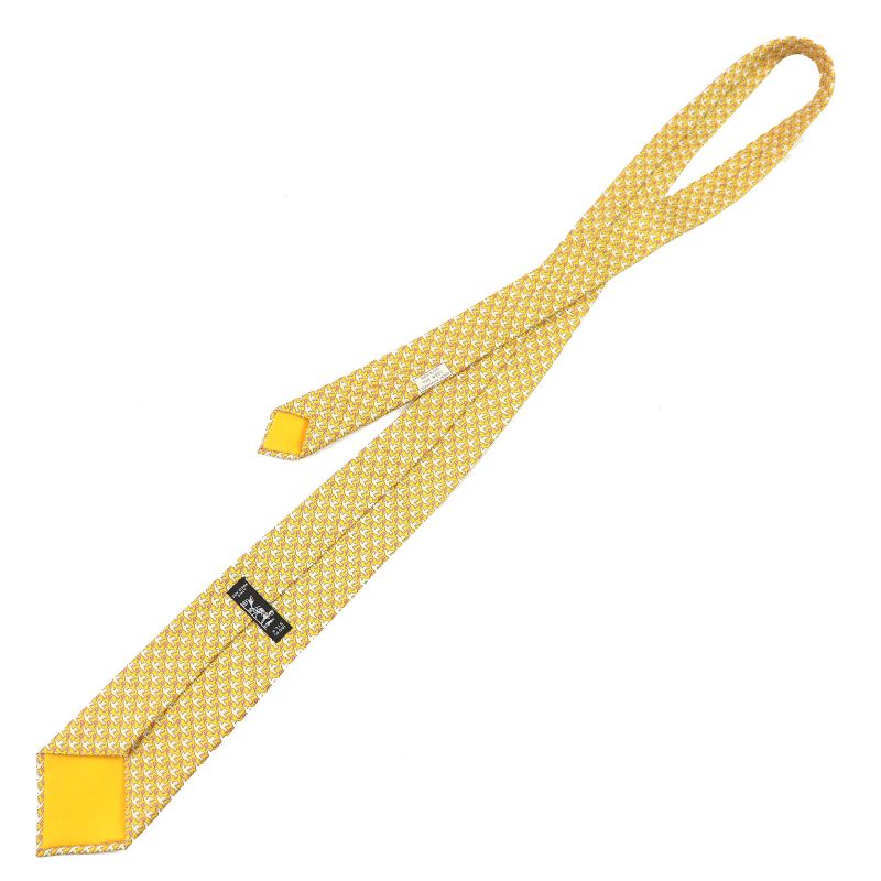 Hermes 100% Silk Regimental Pigeon Dove Cravat Tie Yellow Tone Made In France
