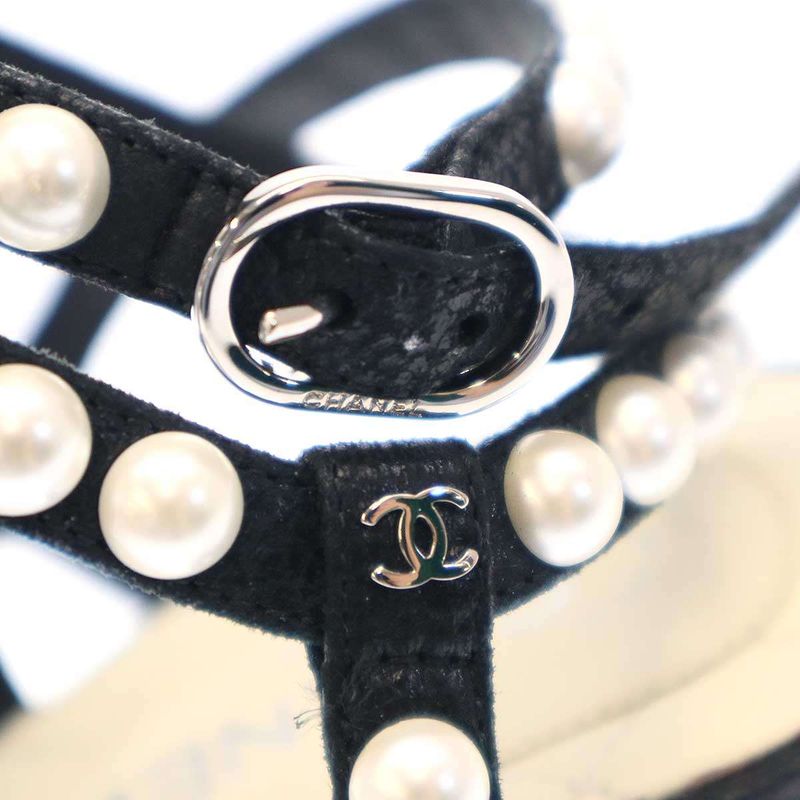 Chanel Multi-Strap Matelasse Pearl Sandals Black 37 1 2c