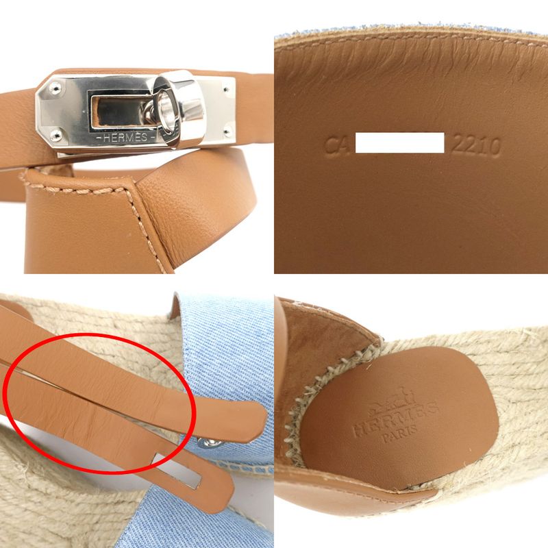 Hermes Espadrilles Tivoli Wedge Sole Sandals Blue Brown 37 Women's