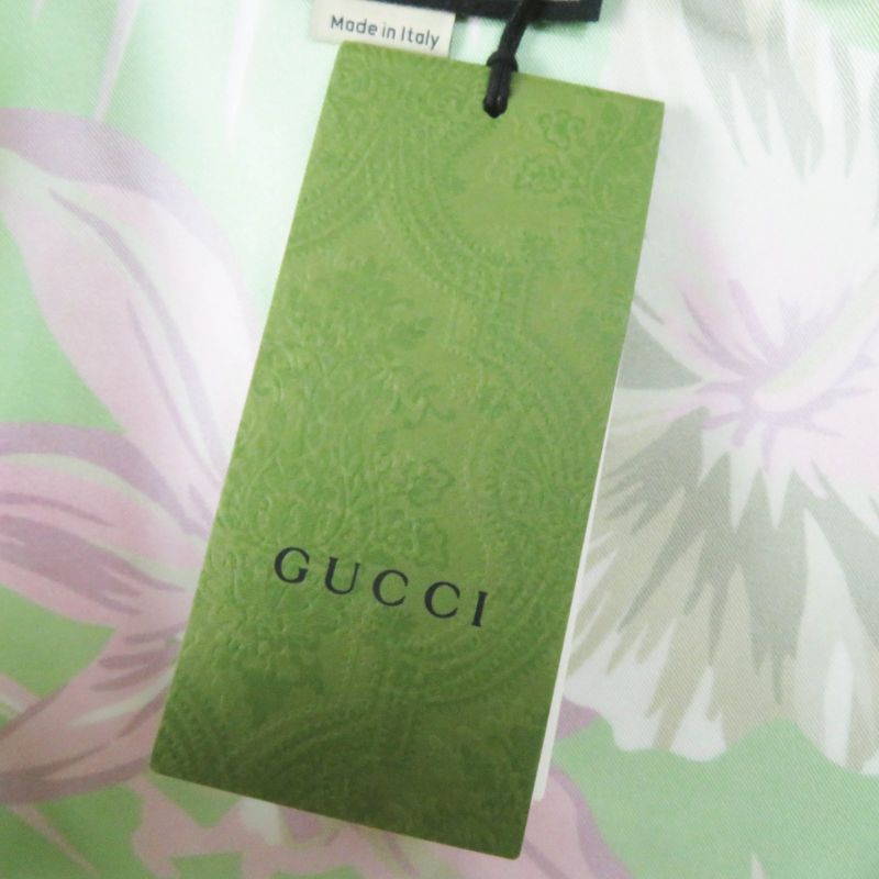 Gucci 22AW 694890 100% Silk Floral Print Short-sleeved Shirt Light Green Pink