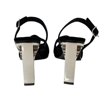 Hermes Crystal 105 Sandals Shoes Suede Black Silver Strap