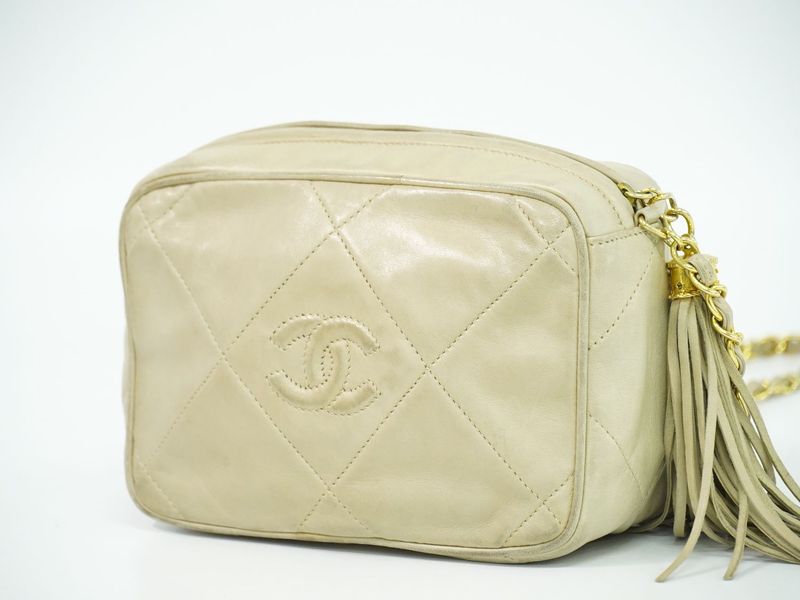 Authentic Chanel Coco Mark Matelasse Tassel Chain Shoulder Bag Lambskin Leather