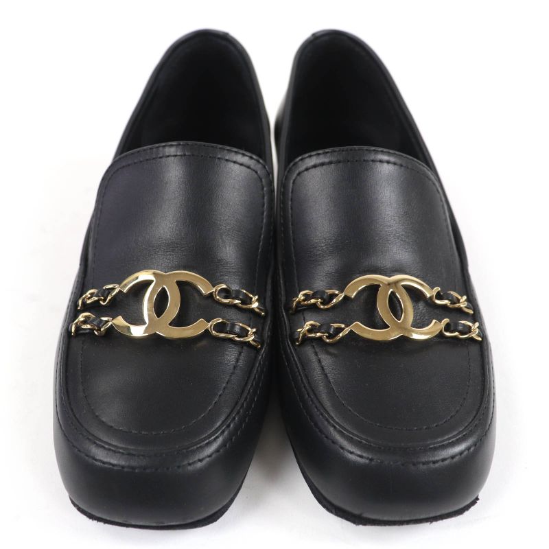 CHANEL G31974 Leather Loafer With Coco Mark Chain Black Gold Hardware 36.5 Made