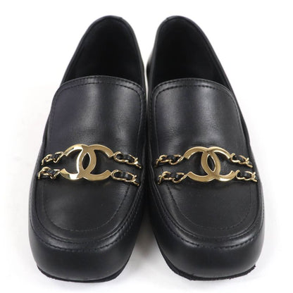CHANEL G31974 Leather Loafer With Coco Mark Chain Black Gold Hardware 36.5 Made