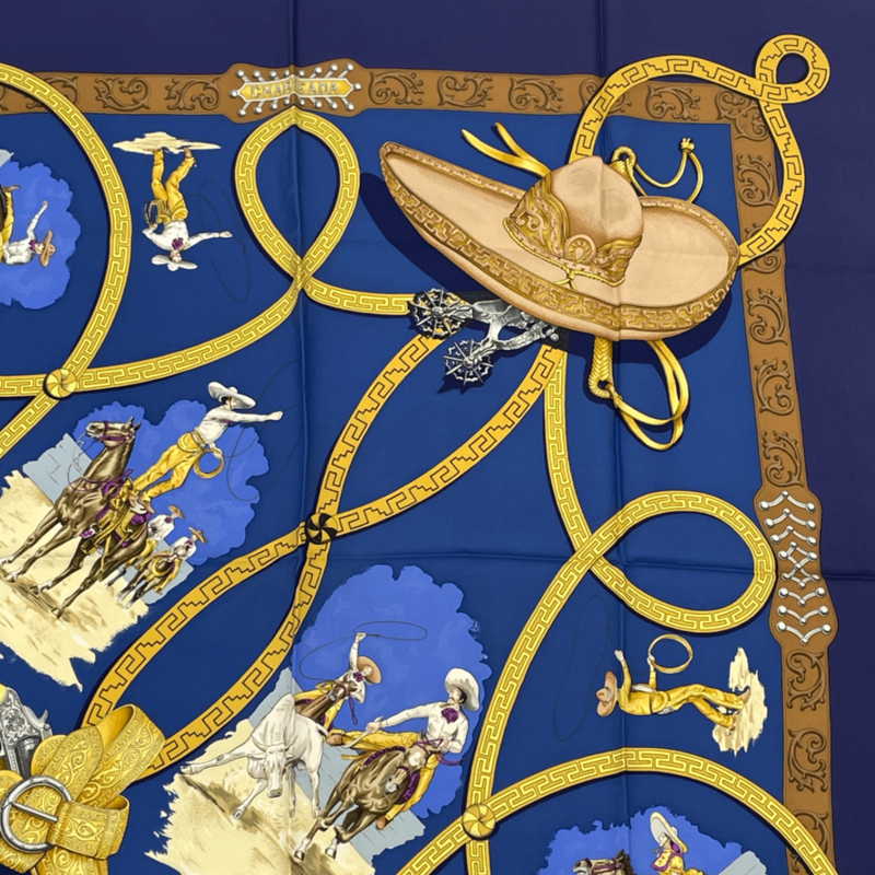 Hermes Carre 90 Scarf Charreada Horse Blue Silk