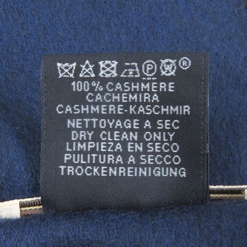 Hermes 100% Cashmere Logo Embroidery Embroidered Fringe Scarf Shawl Navy With