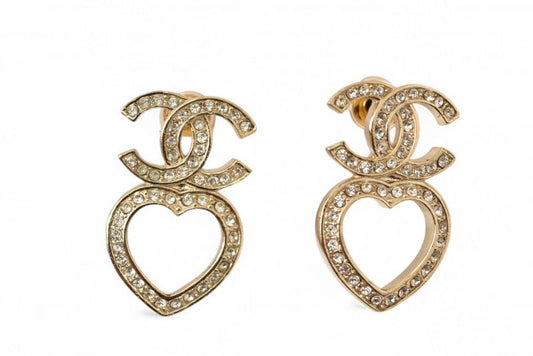 Chanel Earrings Accessories Chanel CC Mark Heart Motif Rhinestone Gold