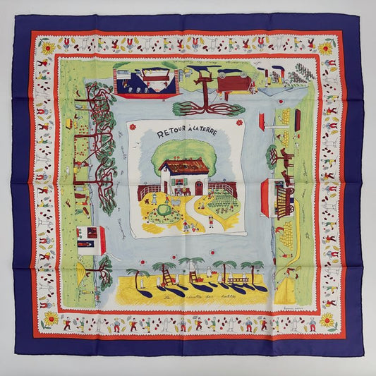 Hermes Carre 90 RE TOUR A LA Terre Homeward Bound Navy X Multicolor 100% Silk