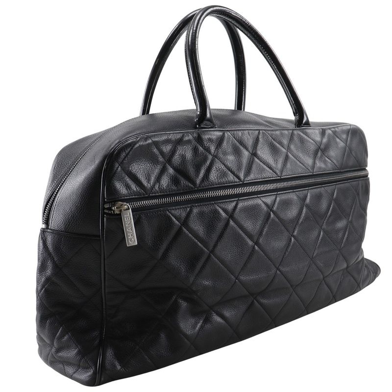 Chanel Matelasse Logo Caviar Skin And Enamel Black Women's Boston Bag