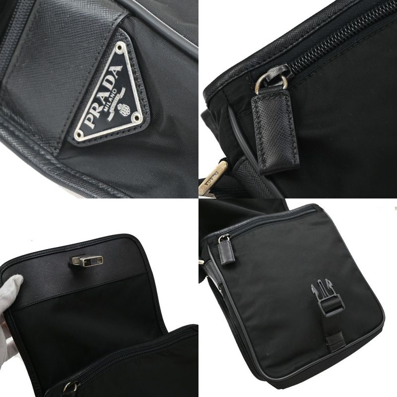 Prada Shoulder Bag Tessuto Nylon Leather Black Silver 87ka852