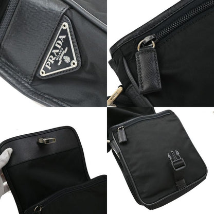 Prada Shoulder Bag Tessuto Nylon Leather Black Silver 87ka852