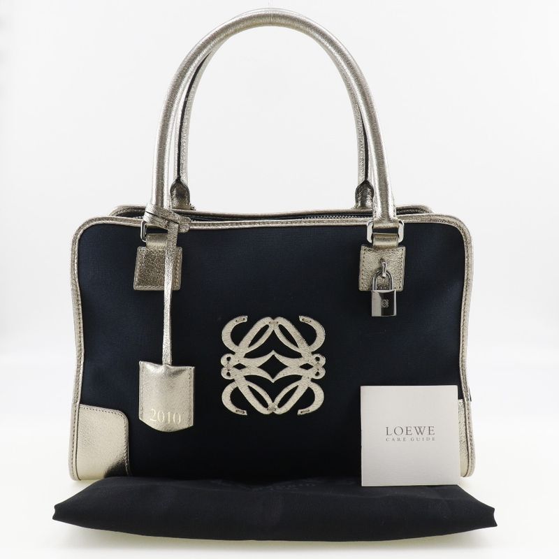 Loewe Amazona 36 Boston Bag 2010 Canvas X Leather Navy Blue Ladies Handbag