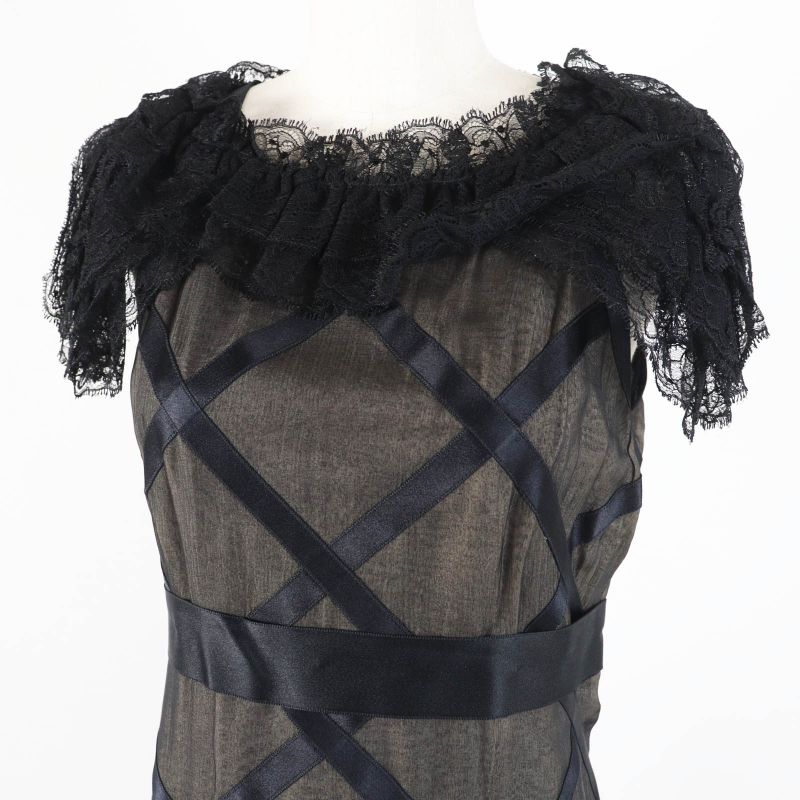 CHANEL Vintage 07P P30570 100% Silk Lace Dress With Coco Mark Black Beige 38