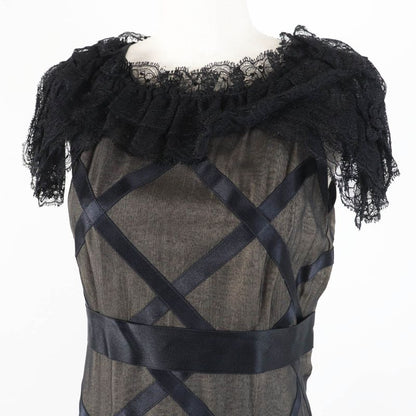 CHANEL Vintage 07P P30570 100% Silk Lace Dress With Coco Mark Black Beige 38