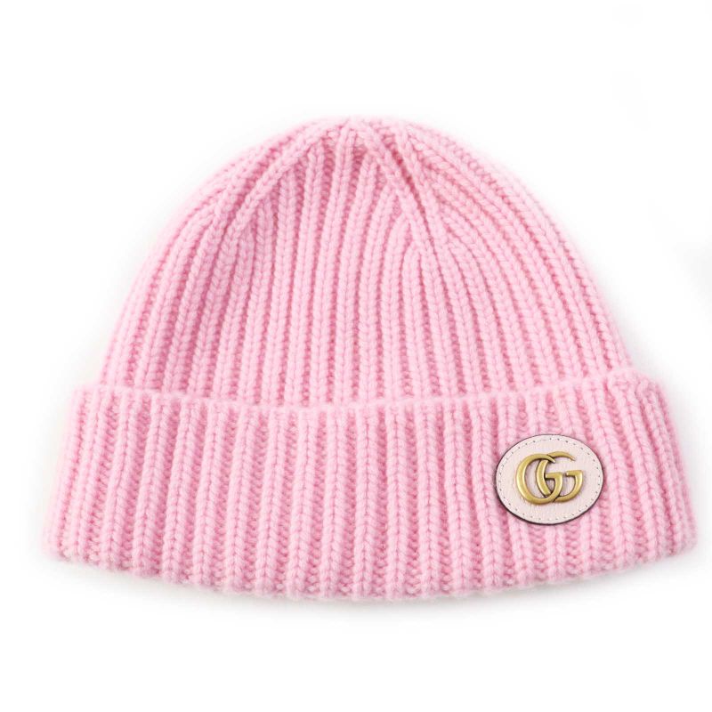 Gucci 764594 Wool Cashmere Current Double G Leather Usage Knit Cap Pink Gold