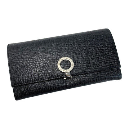 Bvlgari Leather Logo Clip Black Bifold Long Wallet Ladies