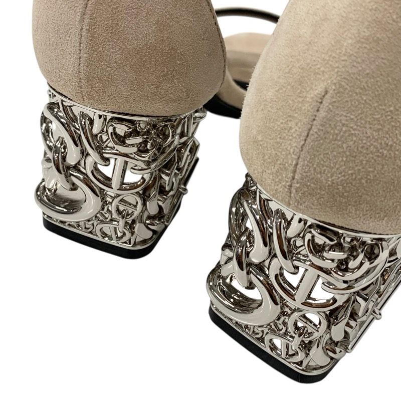 Hermes Gram 60 Sandals Shoes Suede Beige Silver Chaine D'ancre Metal Heel Strap