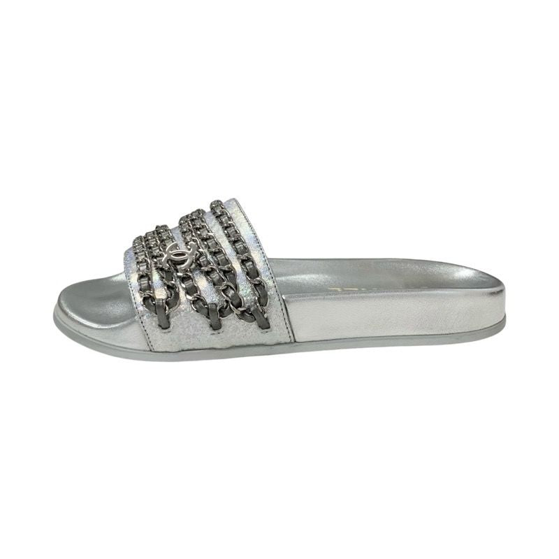Chanel Sandals Shoes Leather Silver Coco Mark Chain Flat Mule