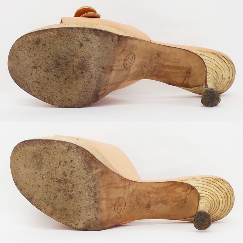 Chanel Sandals Mule Wood Button Coco Mark Pink Beige Size 35.5 22.5cm