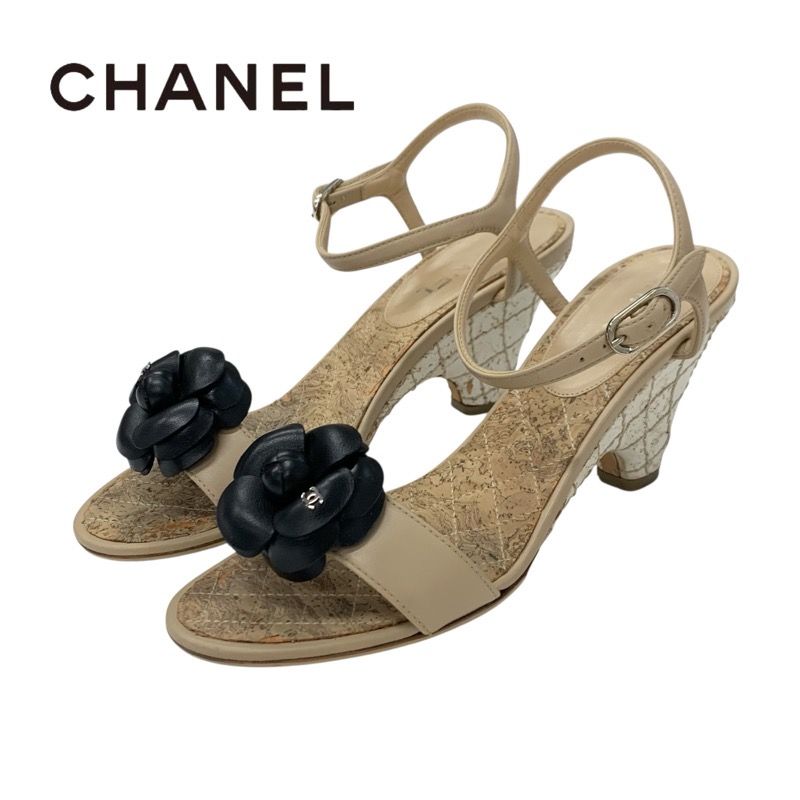 Chanel Sandals Shoes Leather Beige Black Coco Mark Camellia Matelasse Strap