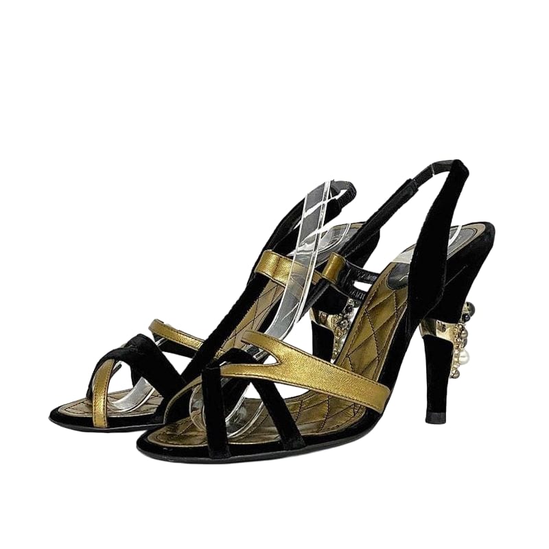 Chanel Mule Sandals Gold Black Matelasse
