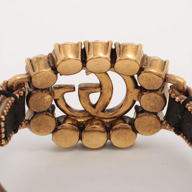 Gucci Double G Leather × Rhinestone × GP Bracelet Gold Made In Italy