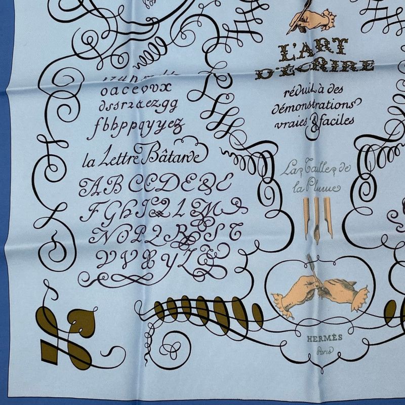 Hermes Calligraphy Art Scarf Silk Blue