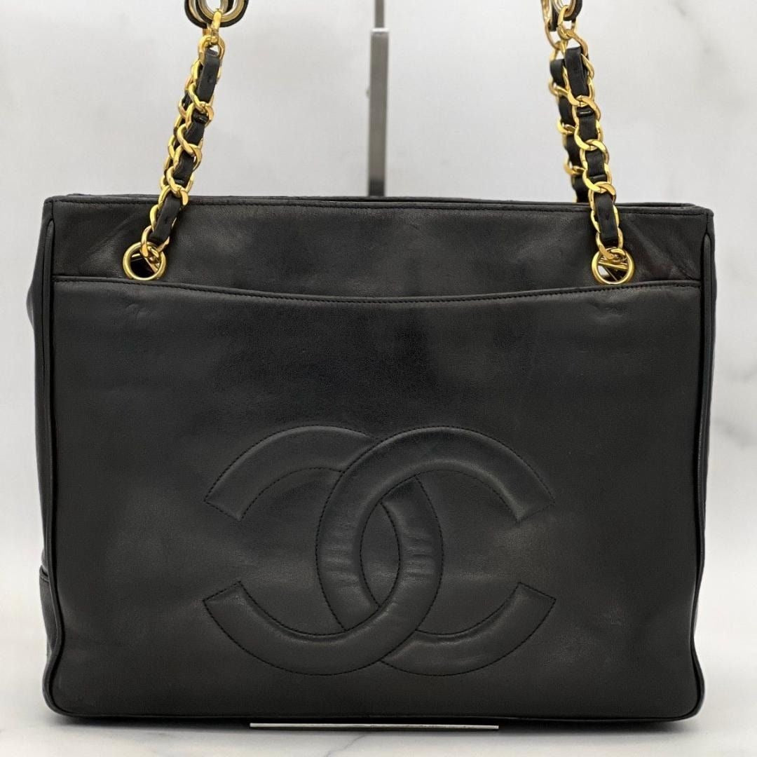 CHANEL CC Vintage Lambskin Black Gold Purse Bag Tote Chain Turnlock