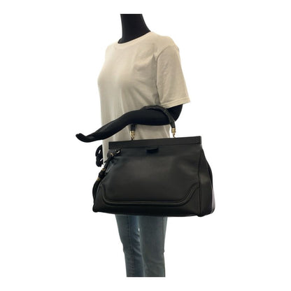 Gucci Bamboo Black Gold Hardware Leather 296860 Handbag Women 504398