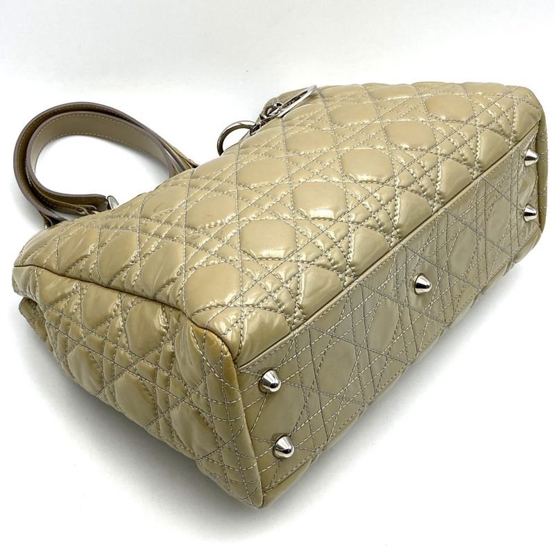 DIOR Tote Shoulder Bag Beige Patent Leather Canage Stitching Women Fashion