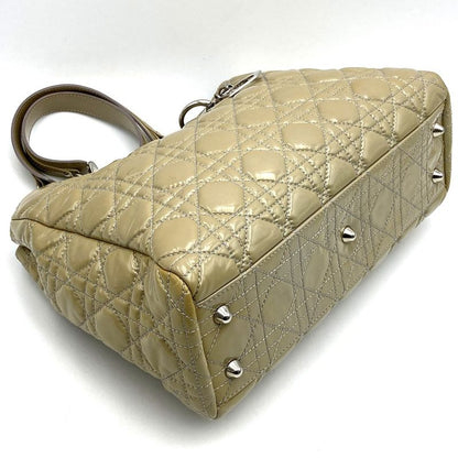 DIOR Tote Shoulder Bag Beige Patent Leather Canage Stitching Women Fashion