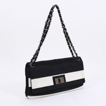 Chanel Chain Shoulder Bag Nylon Black And White Shoulder Bag Silver