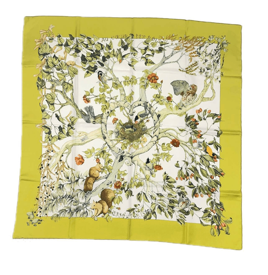 Hermes Carré 90 U Coeur DES BOIS In The Woods Green 100% Silk Scarf