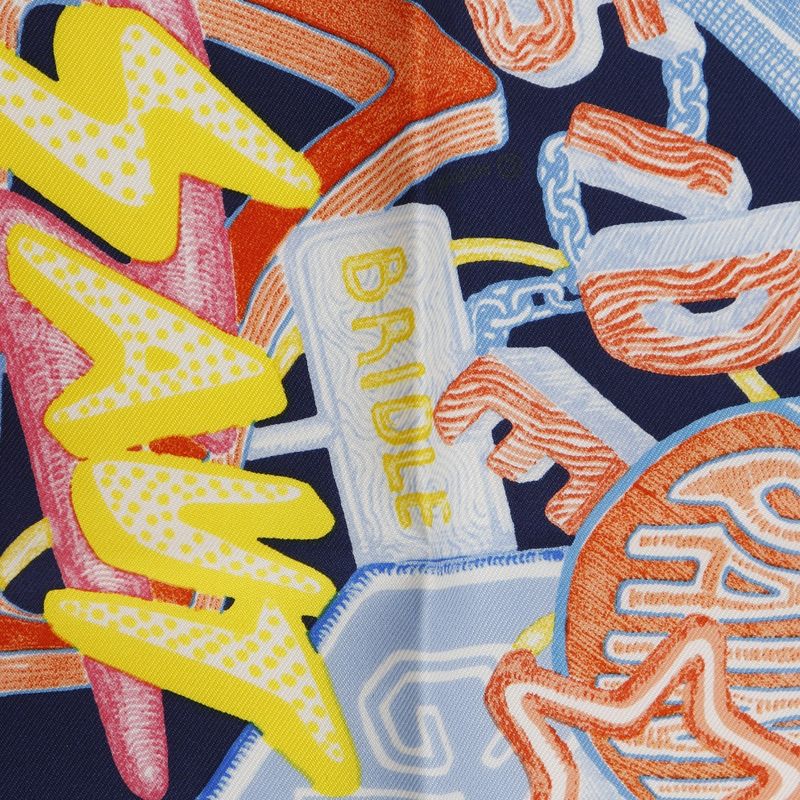 Hermes Carré 45 Gavroche Chevaloscope Neon 23SS Silk Dark Blue Pink Women's